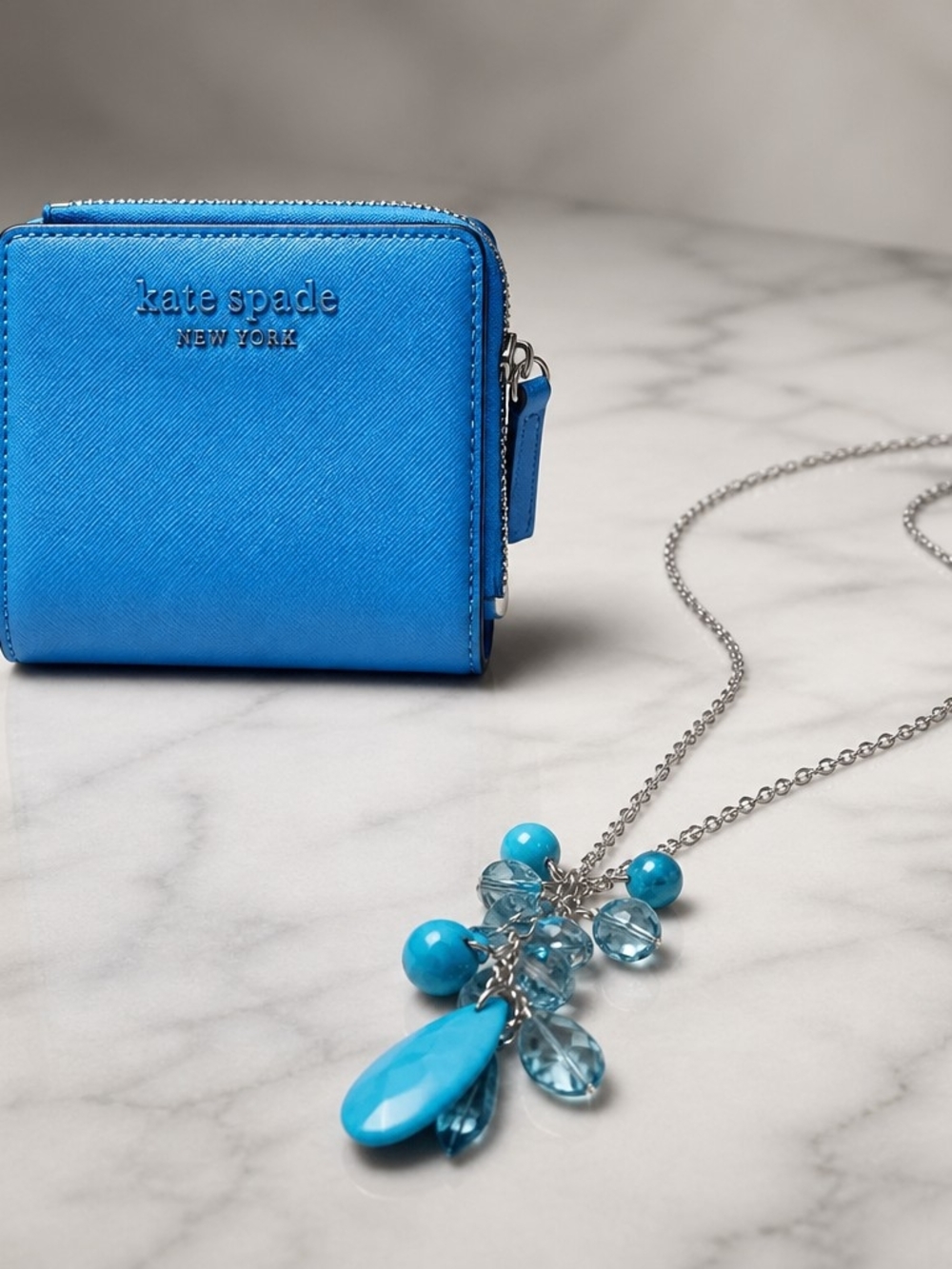 Kate Spade Cameron Monotone Bifold wallet & Turquoise Blue Statement Necklace